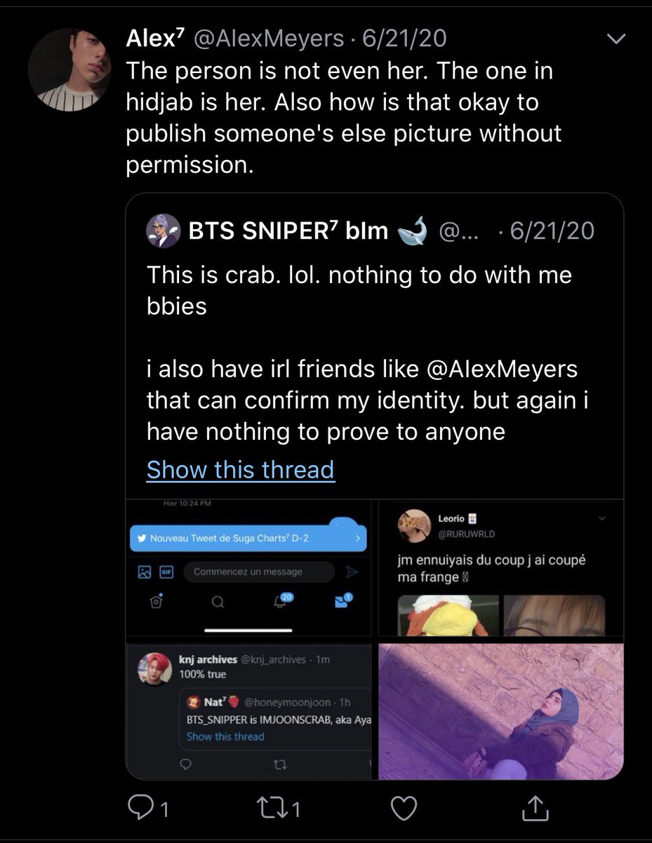 When snipper was posting their response thread, they posted this tweet with a photo of themselves as the last photo for “proof” & tagged “an irl friend” to vouch for them. I don’t know who that “friend” is, but that photo is not of a person named Laila.