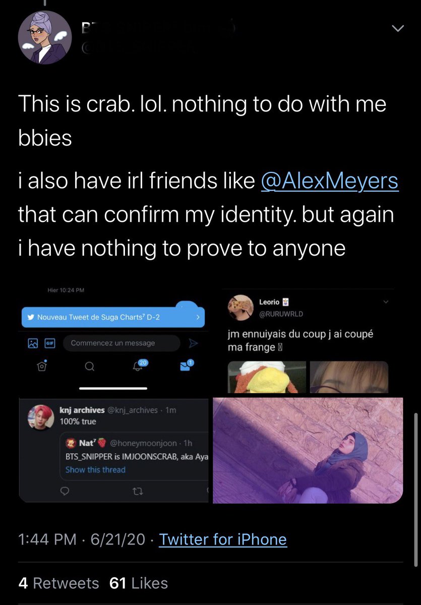 When snipper was posting their response thread, they posted this tweet with a photo of themselves as the last photo for “proof” & tagged “an irl friend” to vouch for them. I don’t know who that “friend” is, but that photo is not of a person named Laila.