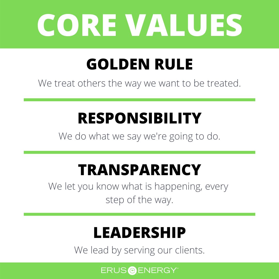 Erus_Energy's tweet photo. These are our core values.

1. Golden Rule: We treat others the way we want to be treated.
2. Responsibility: We do what we say we're going to do.
3. Transparency: We let you know what is happening, ever step of the way.
4. Leadership: We lead by serving our clients. https://t.co/WB6VZ9ZpkH