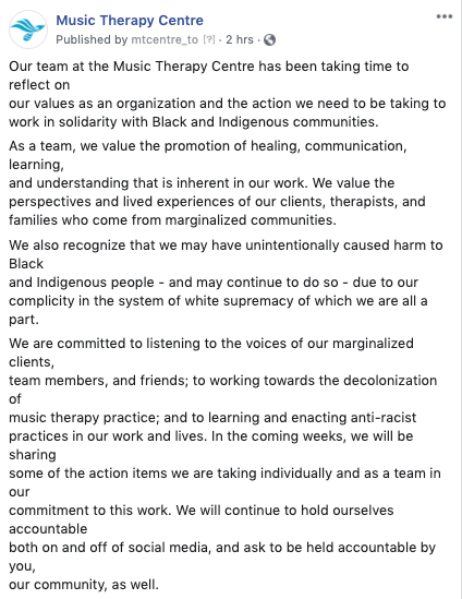 The Music Therapy Centre team stands in solidarity with Black &amp; Indigenous communities. See our statement below.