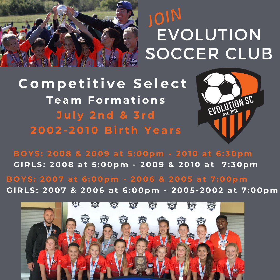 JOIN Evolution Soccer Club - dedicated to the development of excellence &amp; sportsmanship in its members. Considered a top soccer club in the state of Nebraska, Evolution SC is a true soccer development Club, guiding players of all backgrounds and aspirations.