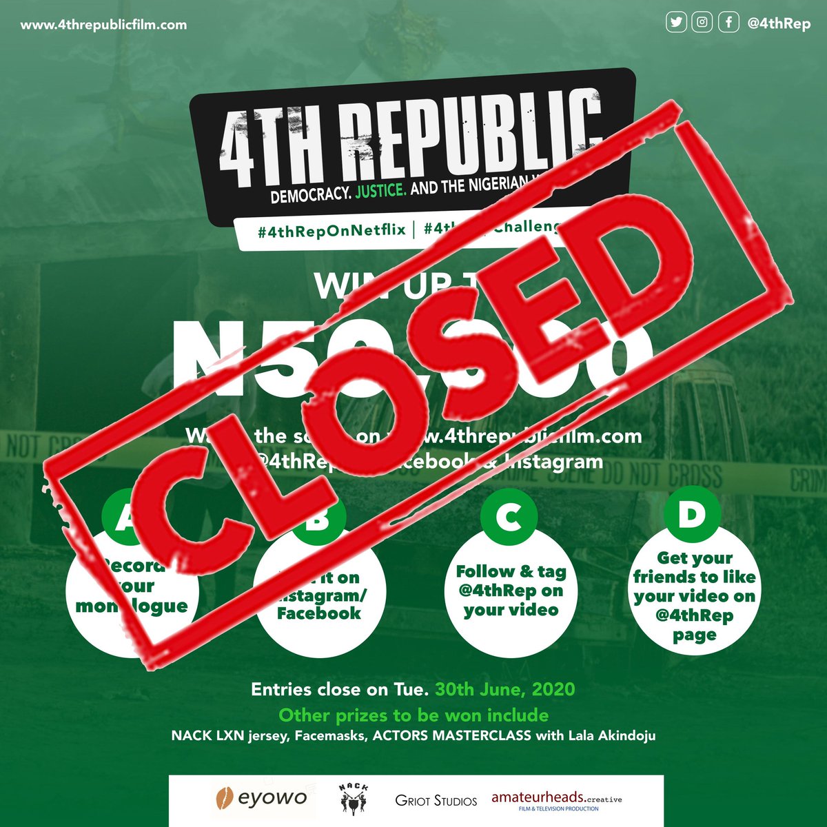 4thRep's tweet photo. Entries for the #4thRepChallenge are now closed!
13 videos with the most likes will be shortlisted & the winning 3 performances will be decided by @HenshawKate
Thanks to all who participated and good luck!
Don't forget, we're still showing on Netflix πΏπΏ #4threpOnNetflix https://t.co/FO4l4k7xjg