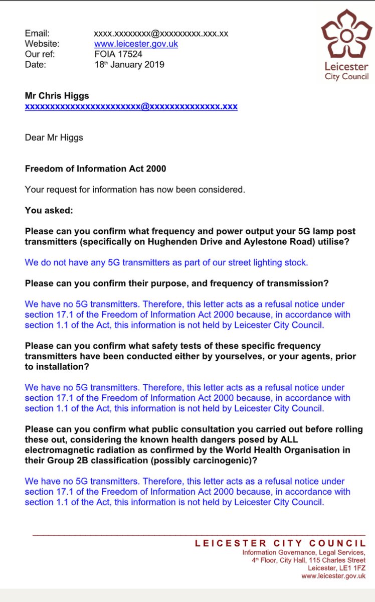  #DeepState Hancock is forcing  #lockdown in the 'Smart City' Leicester, to get people staying under illegal, non-approved  #5G street lamps at least 2 weeks. - Leicester City Council lies and denies. https://www.whatdotheyknow.com/request/543756/response/1295932/attach/html/3/2019%2001%2018%20FOIA%2017524%20Higgs%20final%20response.doc.html