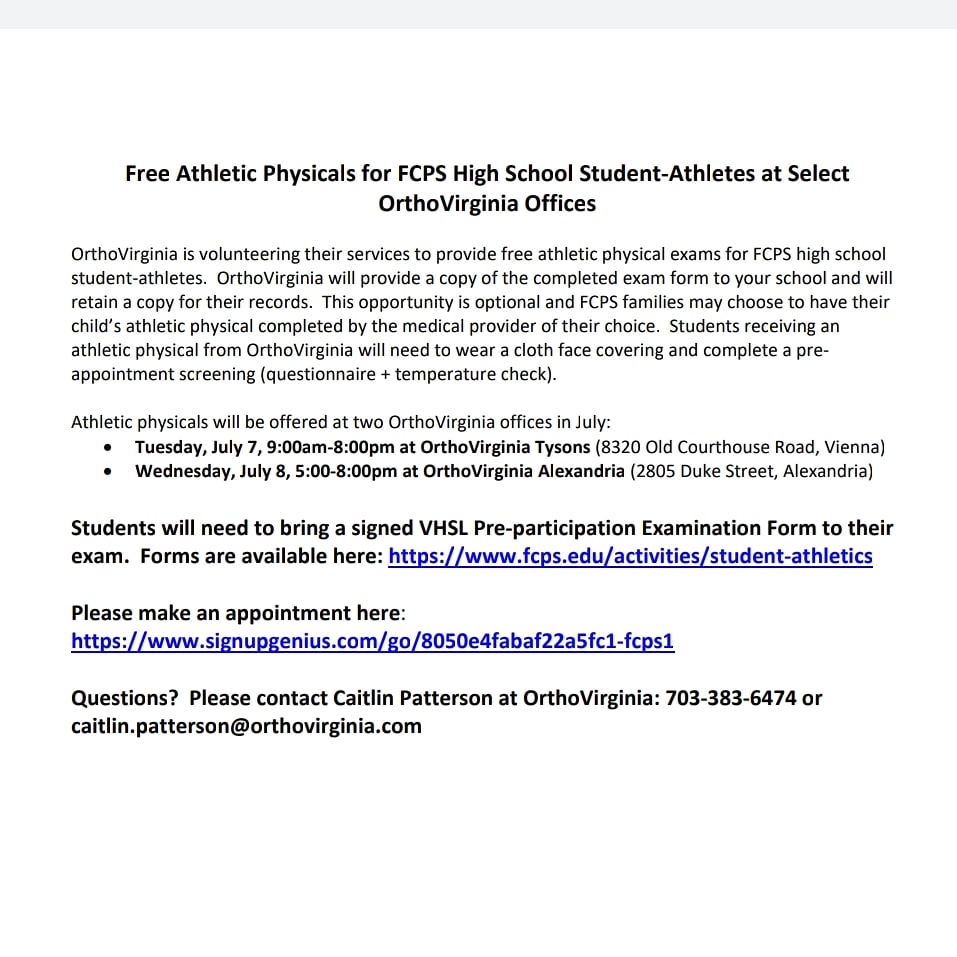 If you are looking to participate in high school athletics you MUST complete a physical....here is a FREE way to get your athletic physical exam done! 
🏃‍♀️⚽️⚾️⛳
🥎🏀🏐🏊‍♂️
🏈🎾🏑🥍
July 7th in Tysons 
July 8th in Alexandria