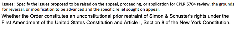 KlasfeldReports's tweet photo. Both Mary Trump and Simon &amp; Schuster already have entered their notices of appeal, blasting the judge's ruling as an "unconstitutional prior restraint" under the First Amendment and New York State constitution.

Screenshots from their notices. https://t.co/bwUCxPNvAC