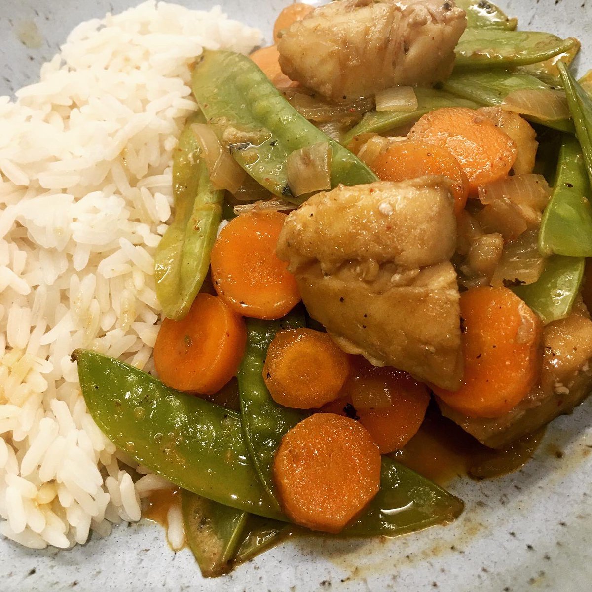 Panang fish curry with carrots and mangetout for dinner #aboutthetaste