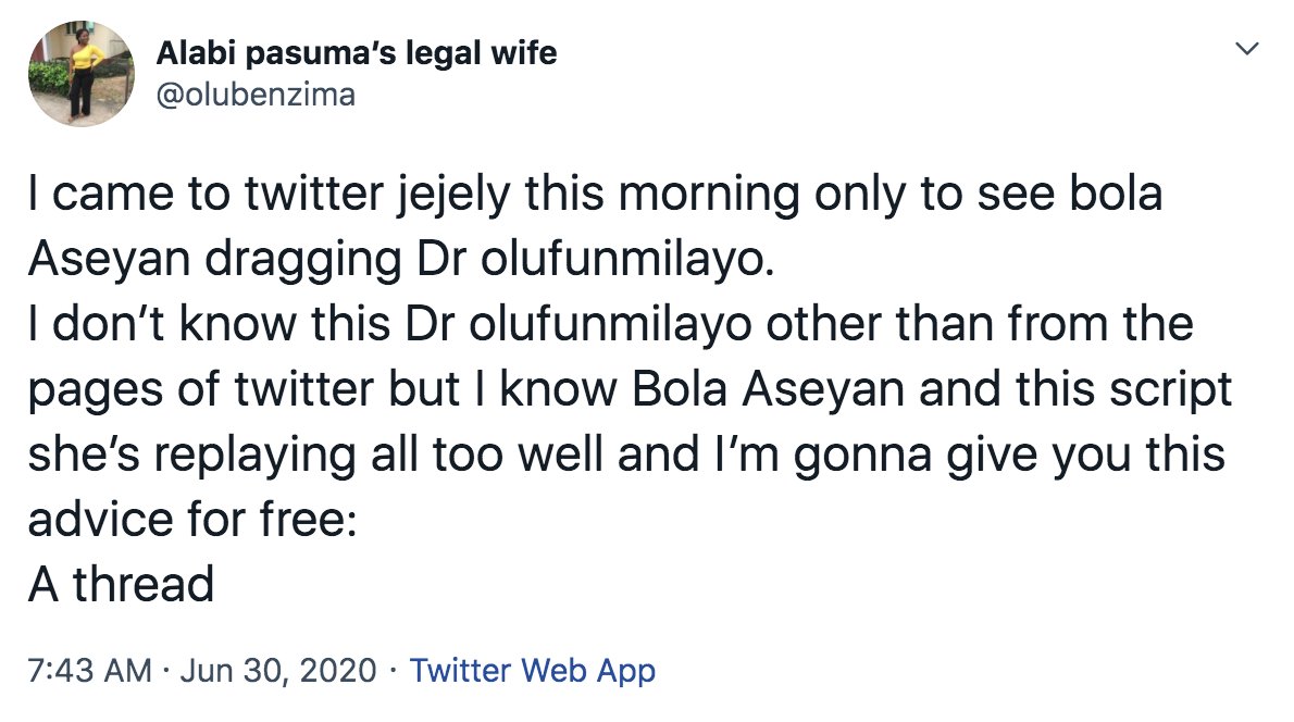 Who is selling popcorn and zobo on the TL o? We will need a refill cause this  #DrFunmilayo and Bolanle gist just took another turn. 1/2