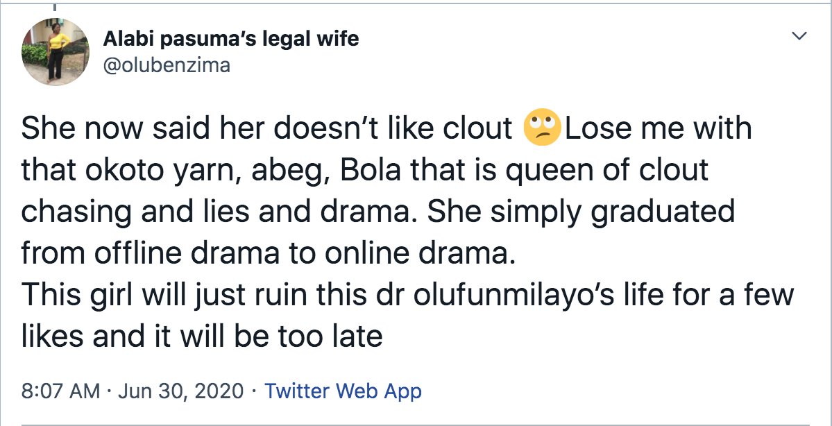 Who is selling popcorn and zobo on the TL o? We will need a refill cause this  #DrFunmilayo and Bolanle gist just took another turn. 1/2