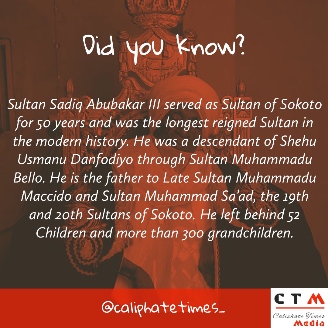 CaliphateTimes_'s tweet photo. Did You Know?

Sultan Sadiq Abubakar III served as Sultan of Sokoto for 50 years and was the longest reigned Sultan in the modern history. He was a descendant of Shehu Usmanu Danfodiyo through Sultan Muhammadu Bello. 

#CTMDidYouKnow #CaliphateTimesMedia https://t.co/KTjaWsasgr