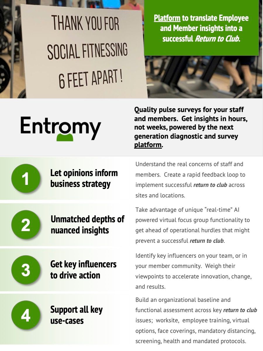 entromy's tweet photo. Entromy's Return to Club Pulse Assessment helps fitness enterprises gather insights from staff and member feedback about returning to their clubs during COVID-19. https://t.co/wMlg0Sxlj3