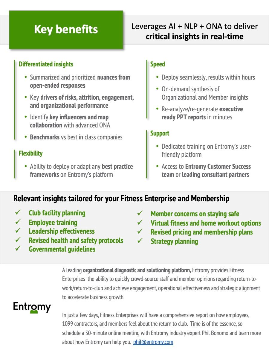 entromy's tweet photo. Entromy's Return to Club Pulse Assessment helps fitness enterprises gather insights from staff and member feedback about returning to their clubs during COVID-19. https://t.co/wMlg0Sxlj3
