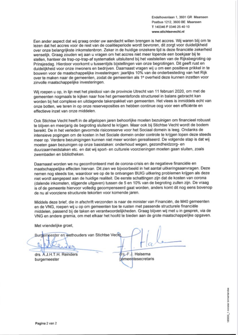 Stichtse Vecht heeft vandaag een brandbrief naar de ministers van Binnenlandse Zaken en Financien gestuurd, ter voorkoming van negatieve maatschappelijke effecten van toekomstige bezuinigingen.