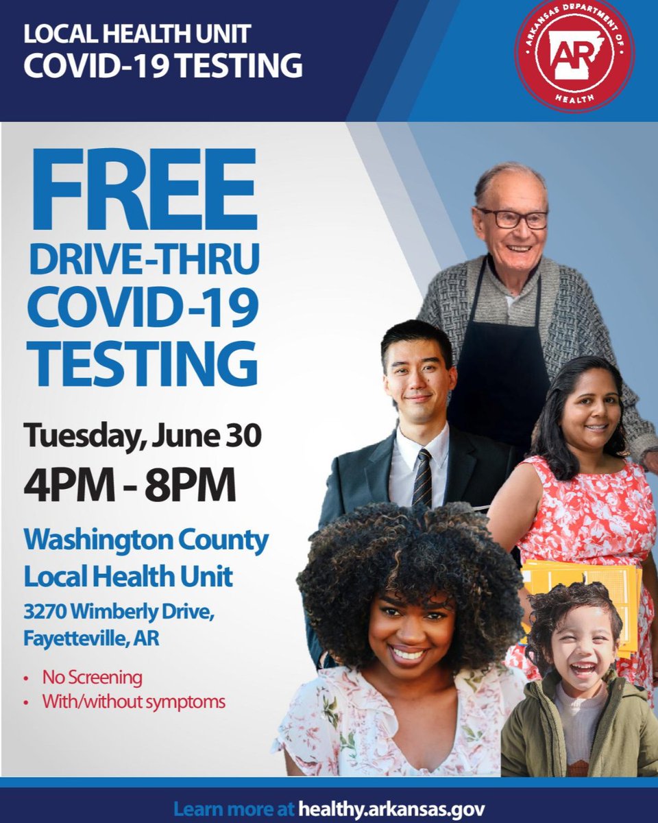 Today from 4pm - 8pm the Arkansas Department of Health will hold a Free Drive-Thru COVID-19 Test Event. No symptoms required, no screening required.