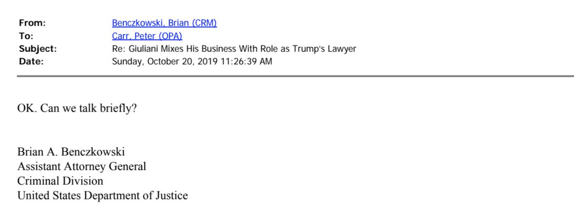 After the  @nytimes ran an article entitled “Giuliani Mixes His Business With Role as Trump’s Lawyer,” Benczkowski responded to an email with the article title in the subject line from the Office of Public Affairs and asked, “Can we talk briefly?”