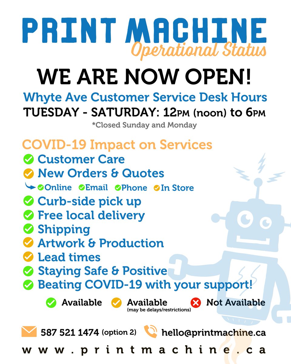 print_machine's tweet image. Did you know we’ve reopened our Whyte Ave location for in-person consultations by appointment only? Well now you do 😎
For more information on these measures and how to book an appointment, check out our website: 🤖
printmachine.ca