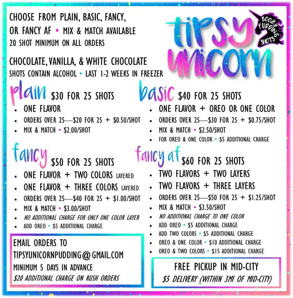 NOLAPlaces's tweet photo. Tipsy Unicorn Pudding launches this weekend with Red, White, &amp; Blue shots available to purchase at @504 Craft Beer Reserve and order ahead by email for pickup in Mid City. Another new Nola venture… boozy pudding shots for your parties and events #nolaplaces #tipsyunicorn https://t.co/RLG7Lp2Aj6