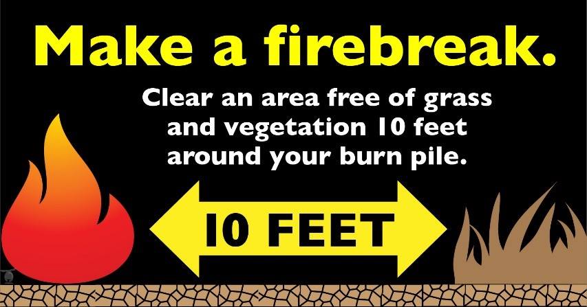 TXForestService's tweet photo. When burning debris on your property, make a firebreak. Clear an area of grass and vegetation at least 10 feet around your burn pile. Before you burn, check for burn bans in your area at https://t.co/vz9FDXVI5E. 🔥 https://t.co/tlHcmFYZWQ