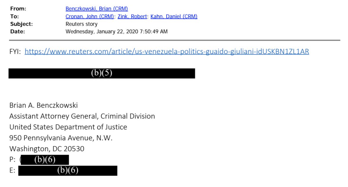 In an email from January 2020, Benczkowski emailed DOJ officials a Reuters story about Giuliani’s involvement in backchannels with Venezuela opposition leader Juan Guaidó.