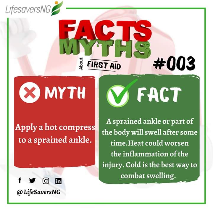 LifeSaversNg's tweet photo. In continuation of our #SafetyEducation through #SafetyTuesday , we will be discussing about  sprained ankle.

Myth ::: Apply a hot compress to a sprained ankle.⁣ 🚫
⁣
Fact ::: A sprained ankle or part of the body will swell after some time. This is inflammation. ⁣
⁣ https://t.co/V0As3OmXM3
