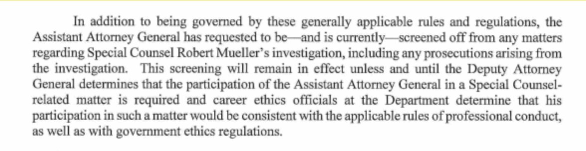 We obtained docs that contain communications between DOJ & senators, which said that Benczkowski “requested to be—and is currently—screened off from any matters regarding Special Counsel Robert Mueller’s investigation, including any prosecutions arising from the investigation.”