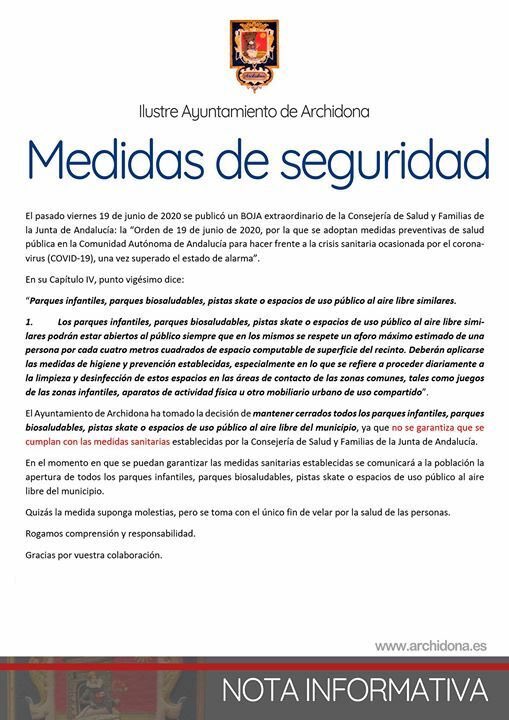 ⚠️Se recuerda que los parques infantiles, saludables y demás instalaciones al aire libre permanecerán cerrados. 
Rogamos compresión y responsabilidad.
Gracias por vuestra colaboración.