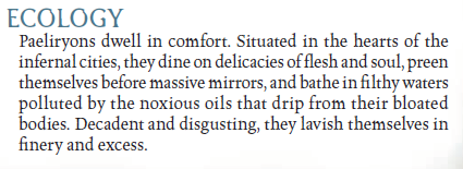 When she isn't engaged in spying or tricking, the  #Paeliryon enjoys reclining in excess and luxury. She is "decadent and disgusting", and covers herself in oils that smell horrific and disguise her true nature. "Although she appears female, she is actually genderless."7/?