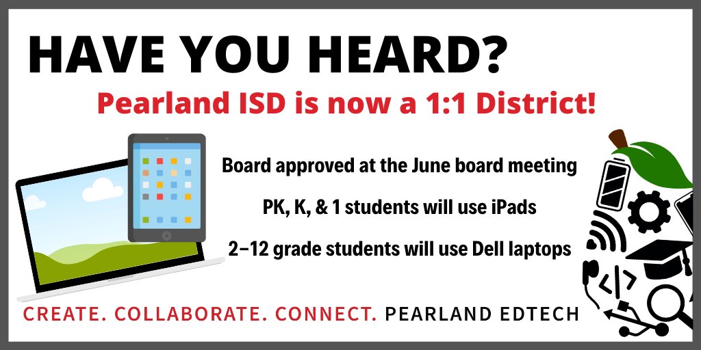 PearlandETS's tweet image. 🌟⭐ EXCITING NEWS ⭐🌟

@PearlandISD is a 1:1 district, beginning in the 2020-2021 school year! Student-focused, this will help the district prepare students to be #FutureReady, personalize instruction w/ technology, prepare for unforeseen circumstances, &amp;amp; more!
#PearlandEdTech