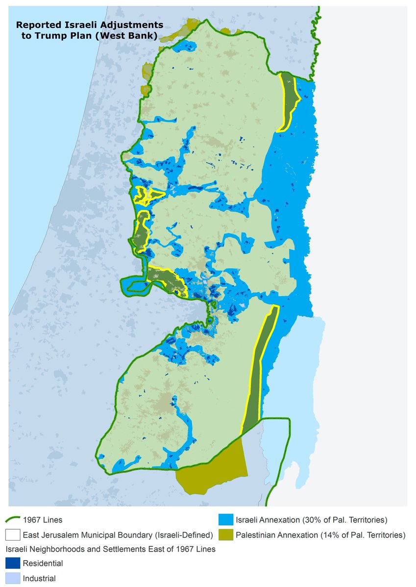 Here (highlighted darker green) are the areas titled "compensation for Palestinians". Status unclear (also slated for Pal state?) It's West Bank land that is populated only by Palestinians, or some empty Jordan Valley/Judaean desert areas. Total area - 4.6%.