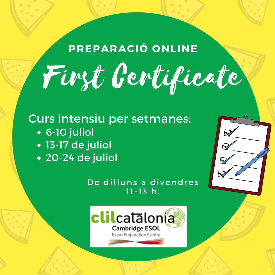 ClilCatalonia's tweet photo. Aprofita l'estiu per formar-te! Curs intensiu per setmanes de preparació per a l'examen oficial del First Certificate

Per a més informació i inscripcions👇
📞 638717238 (whatsapp)
📧 info@clilcatalonia.cat

#clilcataloniaonline #English #languages #Manresa #santjoandevilatorrada https://t.co/ycUSCUw6gD