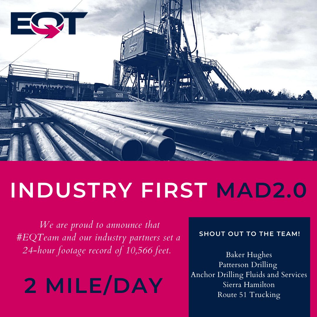 EQTCorp's tweet photo. This weekend, the #EQTeam and our partners reached an industry first– 2 miles drilled within a 24-hr period– MAD2.0. Shout out to Baker Hughes, Patterson Drilling, Anchor Drilling Fluids &amp; Services, Sierra Hamilton, &amp; Route 51 Trucking for helping EQT set a new industry standard! https://t.co/RPydebNVcr