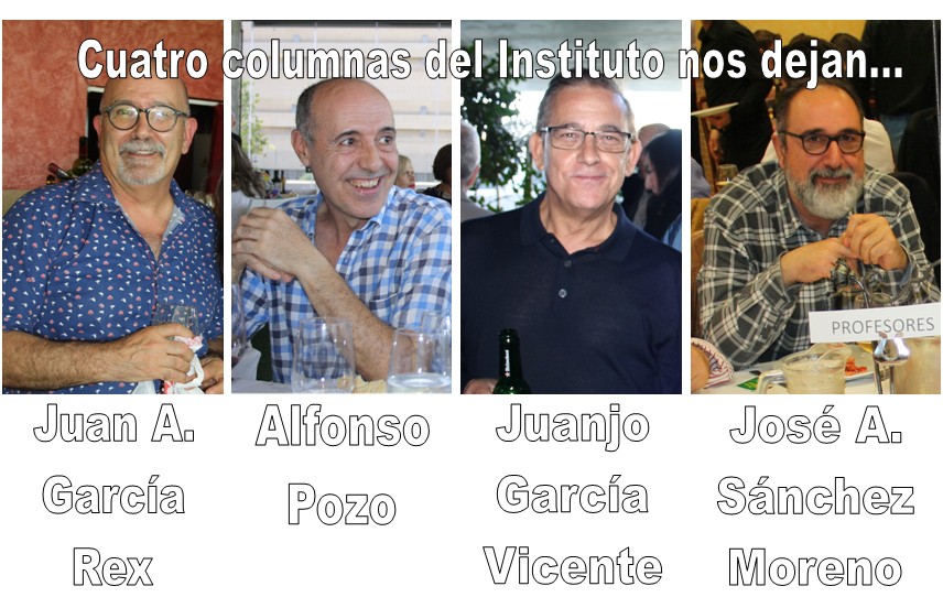 Este curso es el último para cuatro grandes compañeros. Las circunstancias nos han impedido celebrarlo como merecen. Pero lo juramos: nos vengaremos en septiembre. 
Algo tendrá la jubilación cuando se les ve tan contentos...
¡Enhorabuena!