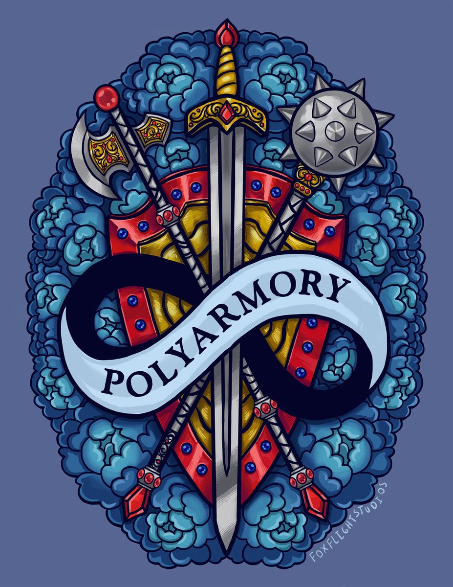And finally we come to the end: Polyarmory was a design I had mentally planned from the start b/c I love nothing more than a weapons-based pun, and it worked so perfectly as a support for my original concept. Using the infinity symbol of the flag was my favorite part.  #polyamory