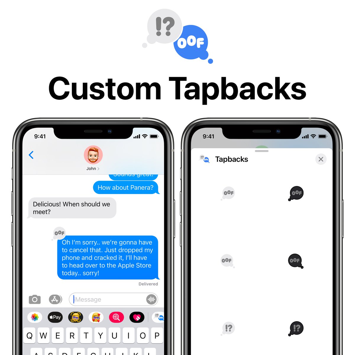SunAppsLLC's tweet photo. Our next app, Custom Tapbacks, is now in beta! It's a simple app that allows you to send iMessage stickers that look like custom Tapbacks, with expressions such as 🔥 , !?, or OOF. You can also submit suggestions in the app. 

Get it on TestFlight:
https://t.co/QHzhaHuCkc https://t.co/hKHUvcqLe4