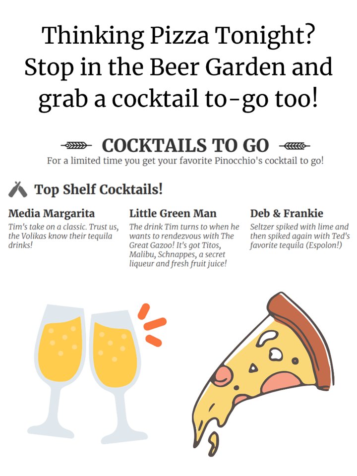 PinBeer's tweet image. If you are stopping by the restaurant for takeout, your meal is not complete without a #cocktailtogo!  

Will you try the Media Margarita, Little Green Man, or Deb &amp;amp; Frankie? 

#pinbeer #pinocchios #mediapa #delco #beergarden #togo #phillylovesbeer #wine #togo #cocktails #takeout