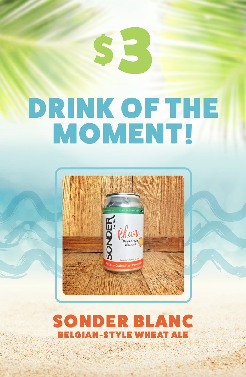 Our $3 “drink of the moment” is an award-winning beer from a local brewery in Mason, Ohio. Sonder Blanc is a Belgian-style wheat ale brewed with citrus peel. You’ll love how easy it is to drink! 

Read more about it by clicking here: sonderbrewing.com/blog/2019/6/18…