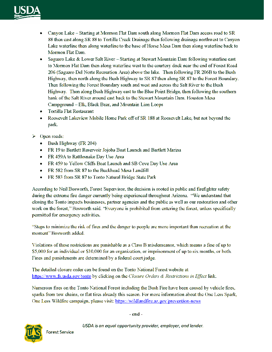 TontoForest's tweet photo. Officials closing Tonto National Forest July 2, Some lakes and forest roads will remain accessible.  See attached for details. https://t.co/pSDyzB4Tyo