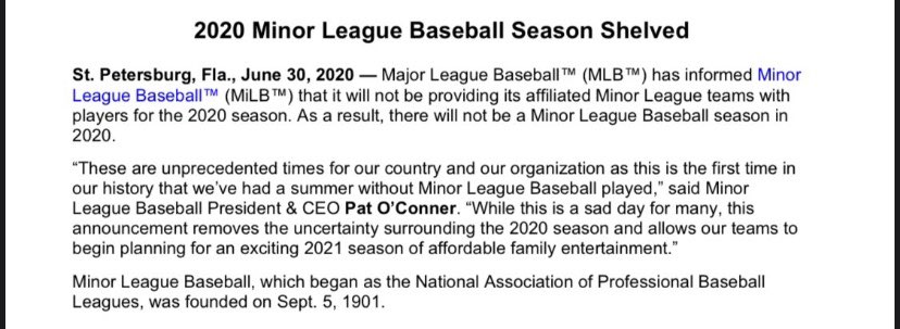 Minor League Baseball 2020 season canceled