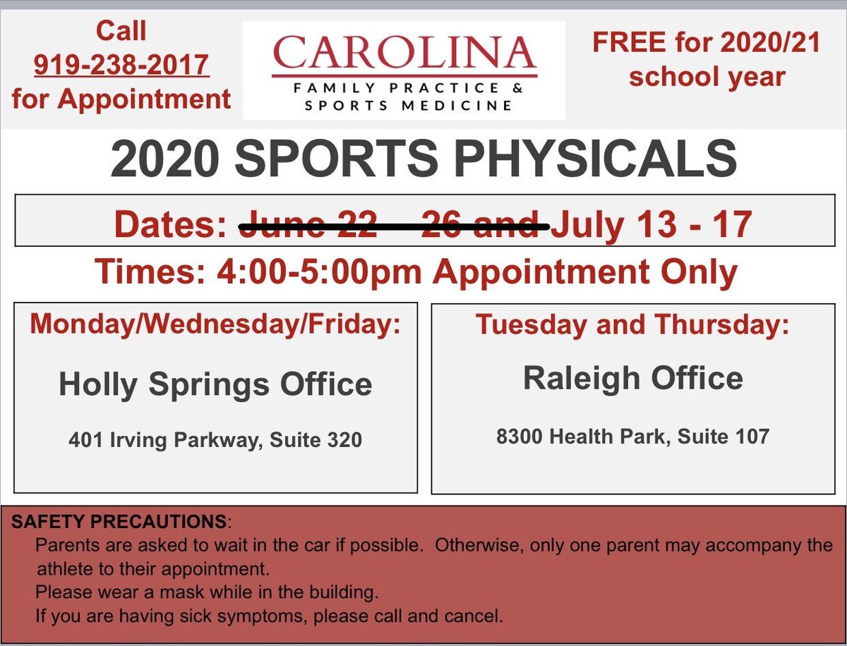 cfpsm's tweet photo. The @NCHSAA has granted an extension to 2019/20 sports physicals, but we want to help those who still need one for 2020/2021... for FREE! We still have spots available in July.
Please call for an appointment 919-238-2017. #WeMissSports #CFPSM https://t.co/z0WVFvtZcz