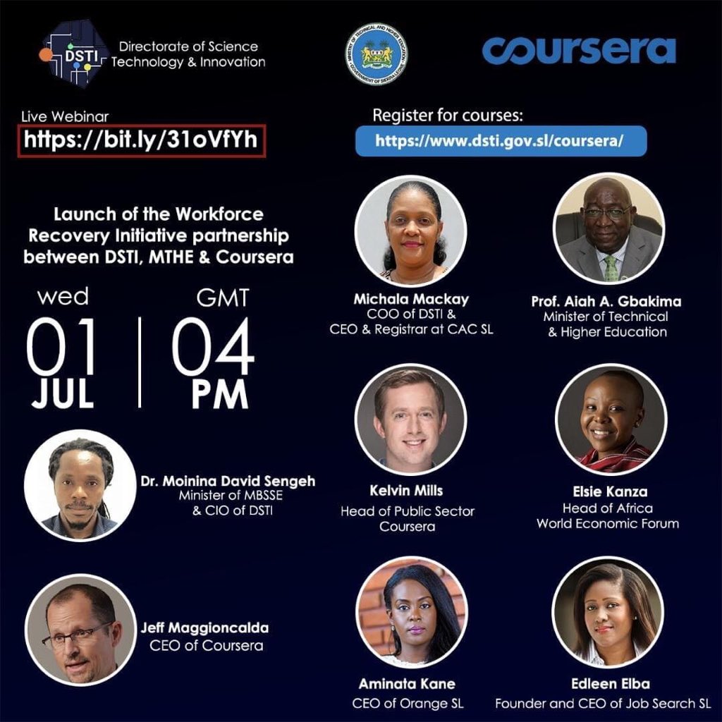 jalloh_tanu's tweet image. #SierraLeone becomes the first country in #Africa to launch #Coursera’s #Workforce Recovery Initiative program to help 50,000 citizens acquire skills to competitive globally. 

👩🏾‍🎓 FREE access to 3,800 online courses!! Register online dsti.gov.sl/coursera/