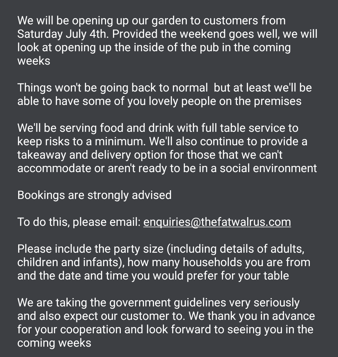 FatWalrusPub's tweet photo. GARDEN REOPENING THIS WEEKEND 
Please see second image for details of reopening https://t.co/3vg8YDOYSu