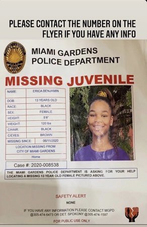 KoKoSunshyne's tweet photo. Please help us find Erica Benjamin from Miami Gardens, FL. She has been missing since 6/11/2020. If you see her or have information, please contact Miami Gardens Police Department at 305-474-6473 or Det. Spokony at 305-474-1597. Thank you https://t.co/aCUcutHAOr