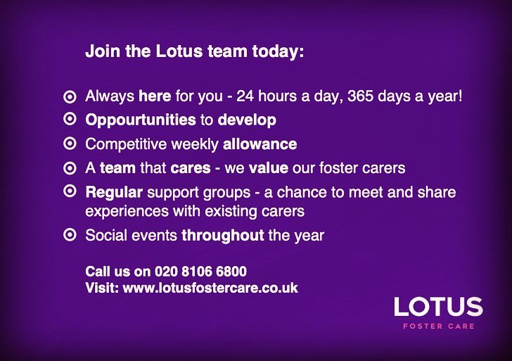 Get in touch today and find out if you could become a foster carer. Be the difference. 
#fostering #fosteringwithlotus #croydon #greaterlondon #london #ealing #harrow #bromley #greenwich #towerhamlets #hounslow #sutton #newham #lewisham #islington #redbridge #hackney #lambeth