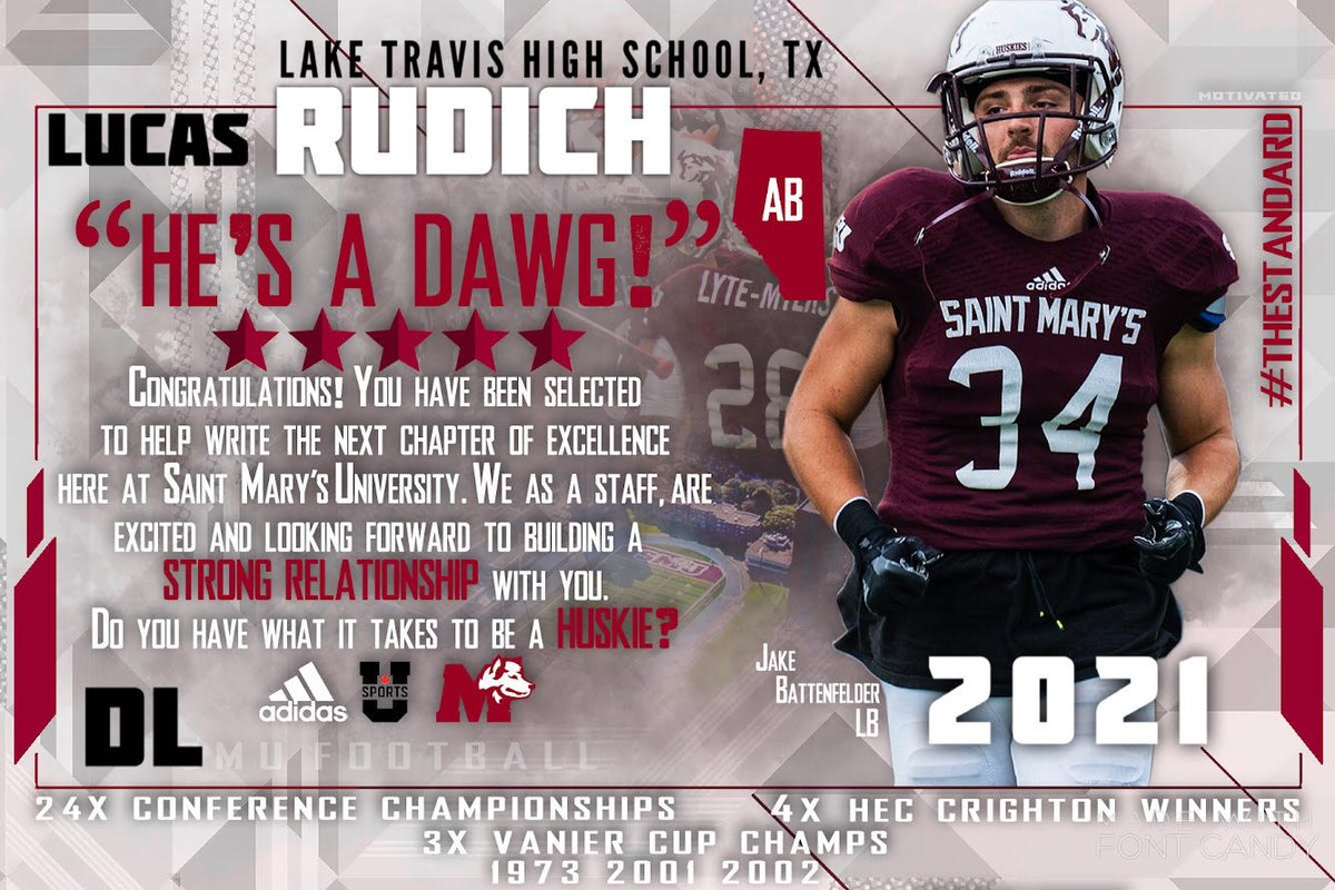 I want to thank <a href="/smuFTBL/">Saint Mary’s University Huskies Football 🇨🇦</a> and <a href="/CoachColzie/">James Colzie III</a> for recognizing me as one of their top recruits.   #THESTANDARD  I also want to thank <a href="/LTHSCavFootball/">Lake Travis Football</a>, <a href="/LT_FBRecruiting/">Lake Travis FB Recruiting</a>, <a href="/CoachKHalfmann/">Coach Halfmann</a>, <a href="/drewgamere/">Drew Gamere</a>