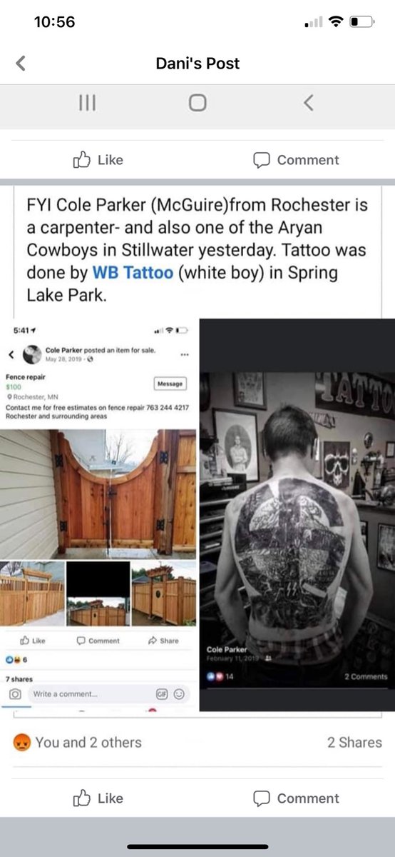 This is basically all in the open so this is not a doxxing per se, but remember those Nazi "Aryan Brotherhood" thugs shouting at people in Stillwater the other day? There are two tattoo shops in their network. 'WB Tattoo' in Spring Lake Park & 'Autonomy Tattoo' in Rochester.