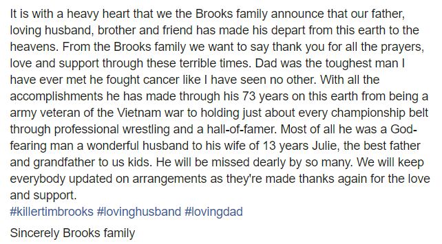 SGTWATX's tweet photo. It's with a heavy heart that we must pass on from his son Clayton that #wrestling legend and 2020 @PWHF123 inductee Killer Tim Brooks has passed away, after battling cancer, at the age of 73. We send our thoughts and prayers to his family, friends, and the wrestling community. https://t.co/bKTVL9j3VQ