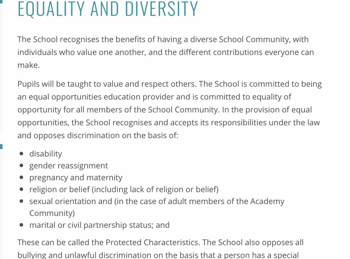 The odd thing is, what they say about the equality act, there are 9 protected characteristics. http://www.legislation.gov.uk/ukpga/2010/15/section/4The court case, snapshot in time, the school had this as their policy. I did a screenshot.