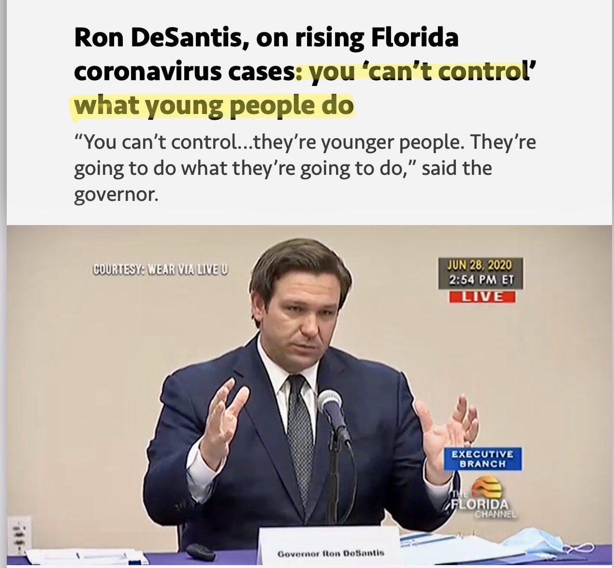 CarlosGSmith's tweet photo. .@GovRonDeSantis refuses to issue a statewide mask order as #COVID19 cases surge &amp; asymptomatic young people are spreading the virus. He insists he ‘can’t control’ what young people do. Today, he signed a forced parental consent bill on abortions to CONTROL WHAT YOUNG PEOPLE DO. https://t.co/IYL9sS91qd