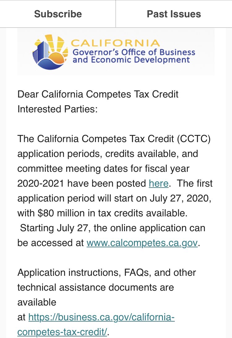 🗣ANNOUNCEMENT
CalCompetes Tax Credit application periods, credits available, & committee meeting dates for fiscal year 2020-2021 have been posted! The first application period will start on July 27, with $80 million in tax credits available. ➡️ https://t.co/gOZ5JkPK95 https://t.co/fDWtX8cDaZ