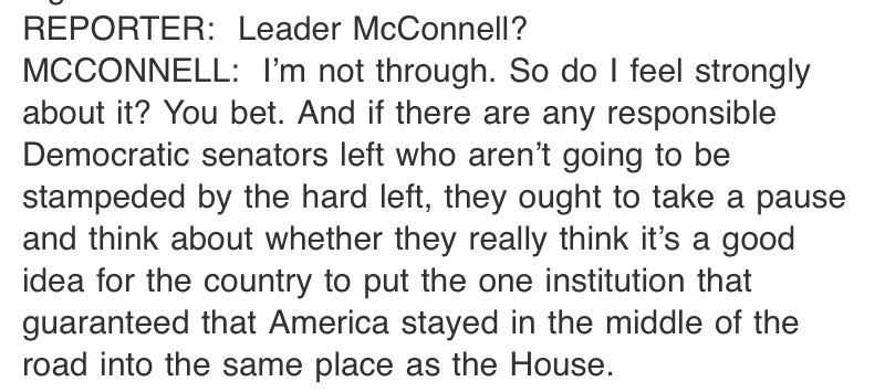 Here’s McConnell advancing one of the most pernicious myths about the filibuster: that it promotes moderation. There’s no real evidence this is true. OTOH the filibuster singlehandedly blocked civil rights bills for 87 years & is now blocking solutions to our major challenges.