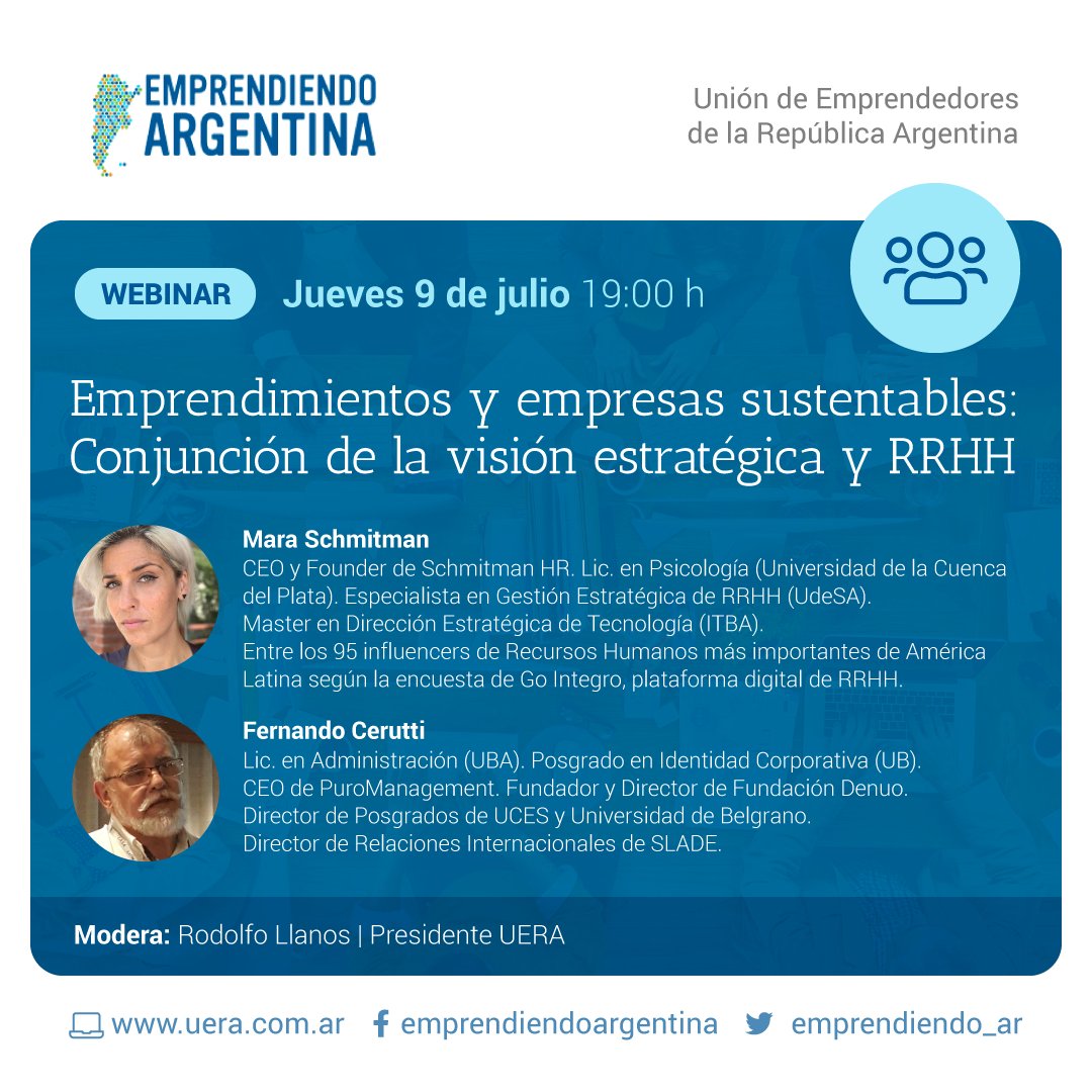Gran #Webinars el jueves 9-19 horas con 2 disertantes de lujo:

- Mara Schmitman  considerada entre los 95 influencers + import. de HR en Latam

- Fernando Cerutti:  prestigioso profesor de estrategia y formador de formadores y profesionales.

Inscripción docs.google.com/forms/d/16GWYu…